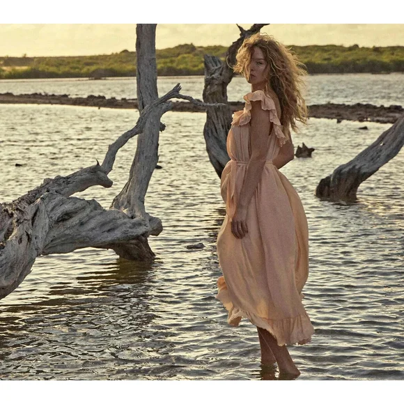 DOEN Sycamore Ruffled Silk Tiered Maxi Dress Size Small Sunlit Coral Peasant - Picture 1 of 13